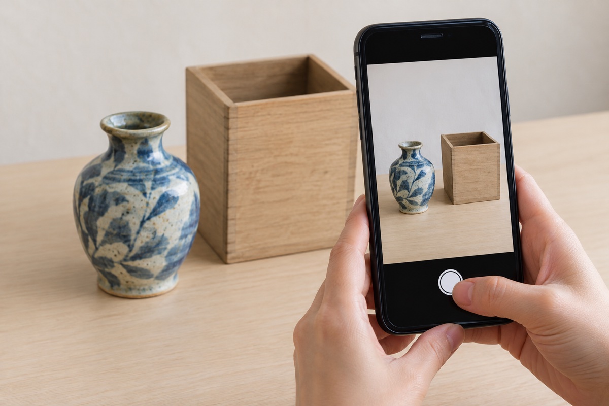 花瓶と箱の全体がスマートフォンの画面に収まるよう、少し離れて撮影する例