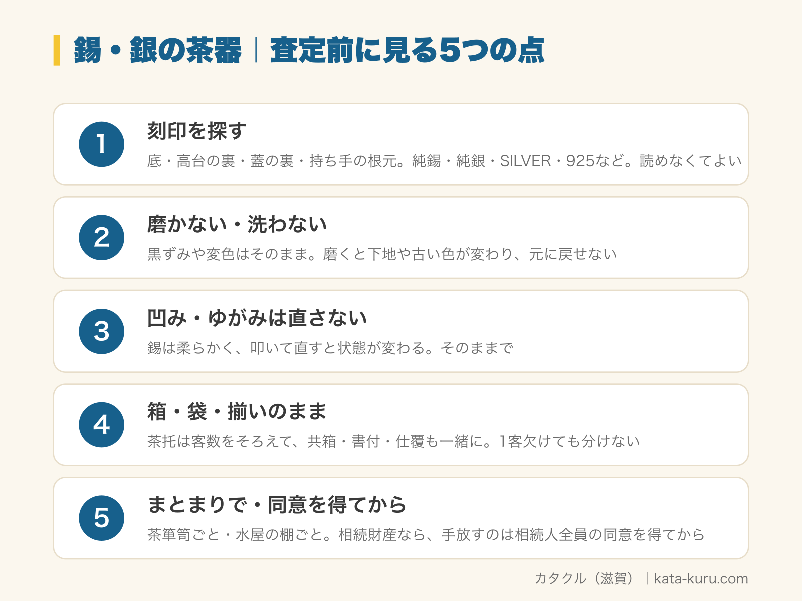 錫・銀の茶器の査定前に見る5つの点の図解。1 刻印を探す（底・高台の裏・蓋の裏・持ち手の根元。純錫・本錫・純銀・SILVER・925などの表記や銘。読めなくてよい）、2 磨かない・洗わない（黒ずみや変色はそのまま。磨くと下地や古い色が変わり、元に戻せない）、3 凹み・ゆがみは直さない（錫は柔らかく、叩いて直すと状態が変わる。そのままで）、4 箱・袋・揃いのまま（茶托は客数をそろえて、共箱・書付・仕覆も一緒に。1客欠けても分けない）、5 まとまりで・同意を得てから（茶箪笥ごと・水屋の棚ごと。相続財産なら、手放すのは相続人全員の同意を得てから）